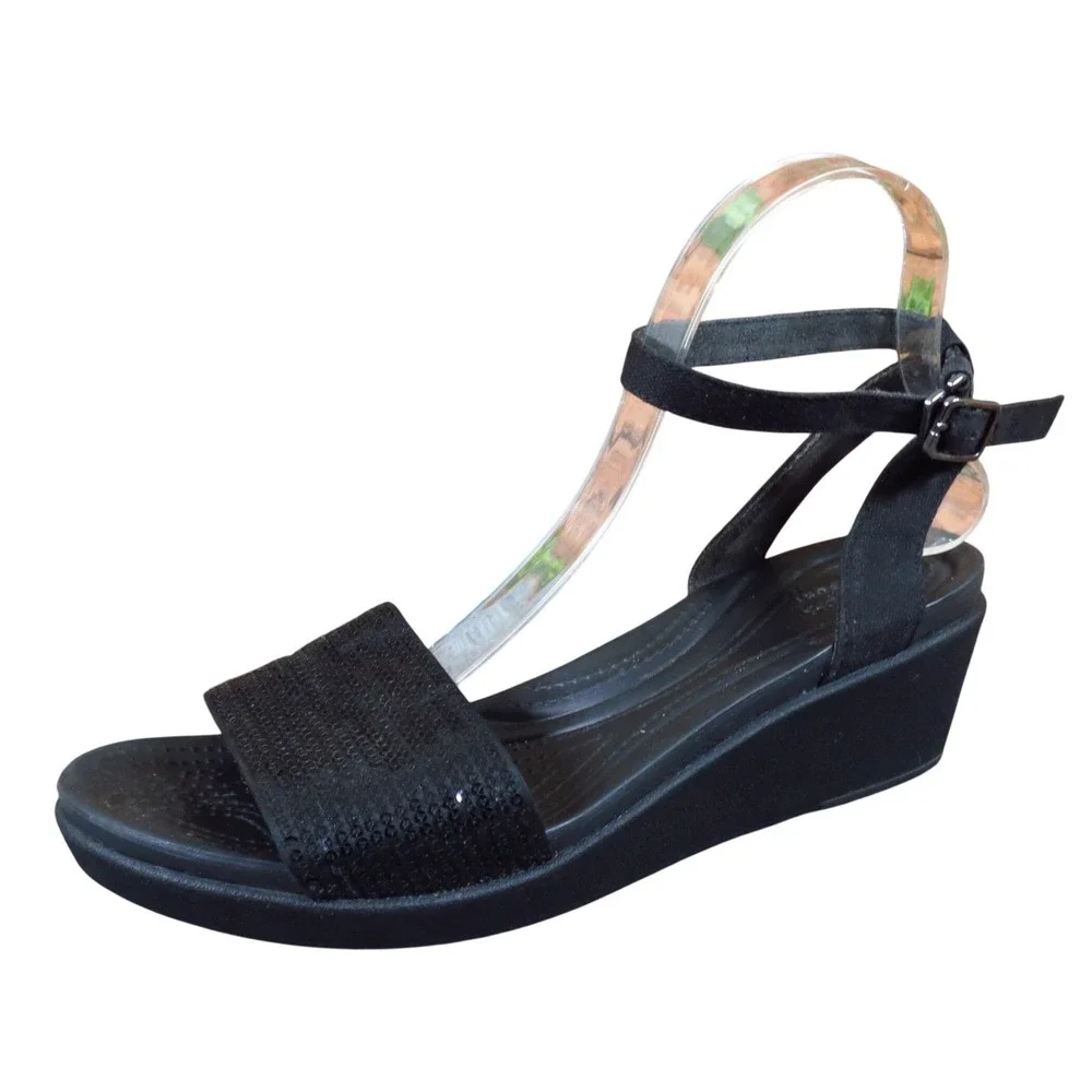Crocs LeighAnn Women Wedge Sandal Size 9 Comfort Walking Black Sequin Strap
